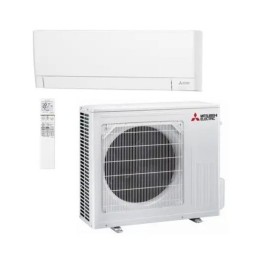 Aire acondicionado Mitsubishi blanco con unidad interior rectangular, compresor exterior con rejilla y mando a distancia.