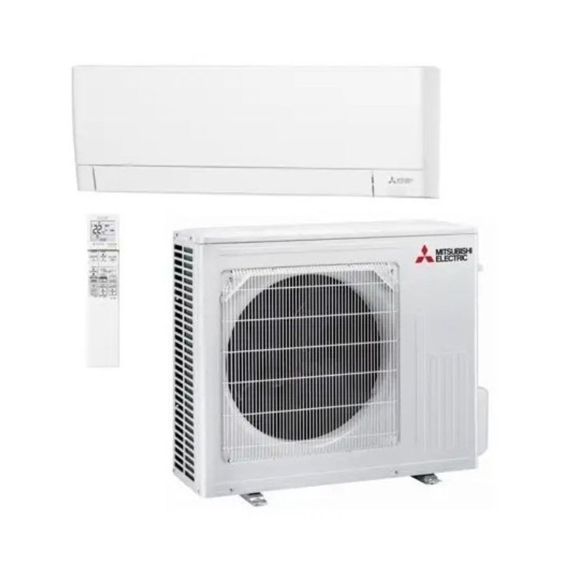 Aire acondicionado Mitsubishi blanco con unidad interior rectangular, compresor exterior con rejilla y mando a distancia.