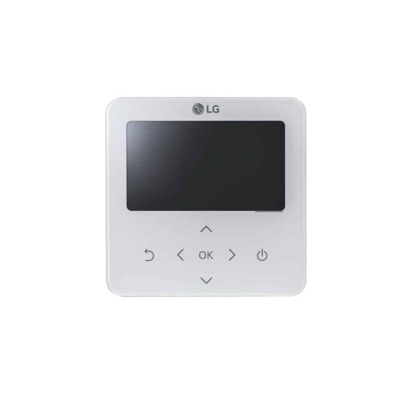 Termostato LG PREMTB101 blanco de forma cuadrada con bordes redondeados, pantalla digital negra y botones de control.