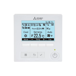Termostato blanco cuadrado Mitsubishi Electric PAR-40MAA con pantalla LCD retroiluminada y botones de control.
