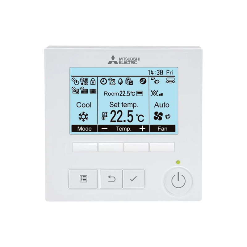 Termostato blanco cuadrado Mitsubishi Electric PAR-40MAA con pantalla LCD retroiluminada y botones de control.