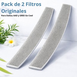 Dos filtros rectangulares y curvos de malla gris con borde blanco para aire acondicionado Daitsu AAD y Gree Go Cool.