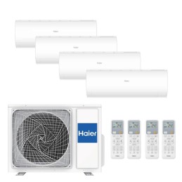 Sistema multisplit Haier Perla con cuatro unidades interiores blancas, una unidad exterior con rejilla y cuatro mandos remotos.