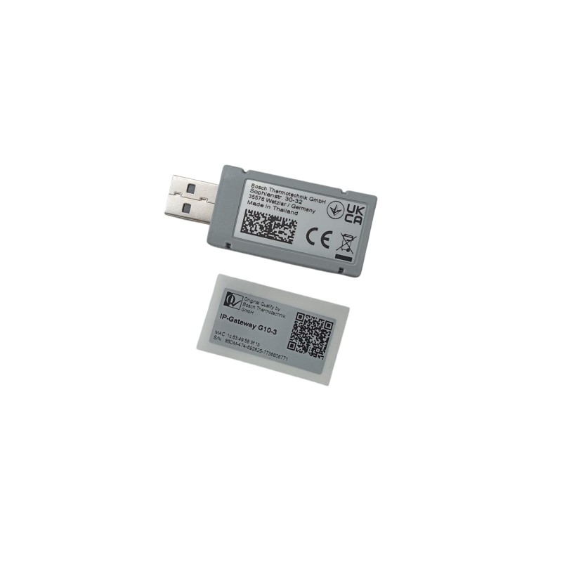 Adaptador Wifi Bosch G10-3 gris de forma rectangular con puerto USB y una tarjeta pequeña con código QR para configuración.