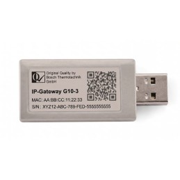 Adaptador wifi Bosch G10-3 rectangular en plástico gris con conector USB, etiqueta blanca, logo y código QR impreso.