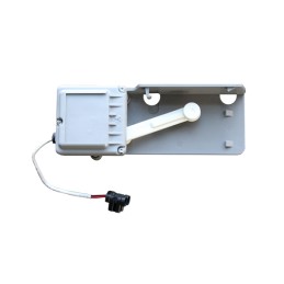 Motor de compuerta rectangular Airzone gris y metálico, con brazo blanco y cable con conector negro.