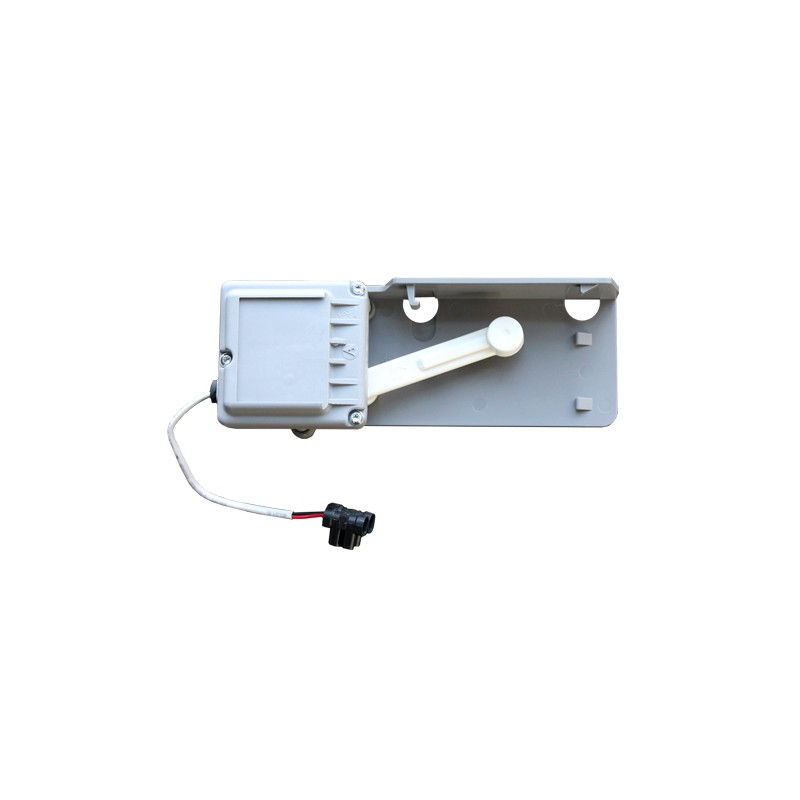 Motor de compuerta rectangular Airzone gris y metálico, con brazo blanco y cable con conector negro.