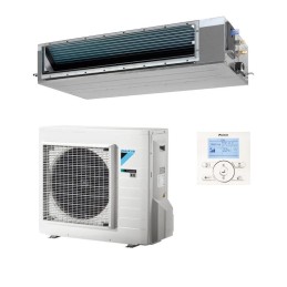 Climatizador Daikin ADEAS71A con unidad interior metálica, compresor exterior blanco y mando de control digital.