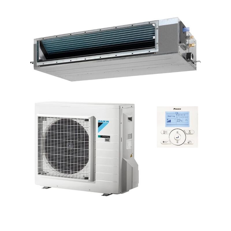Climatizador Daikin ADEAS71A con unidad interior metálica, compresor exterior blanco y mando de control digital.
