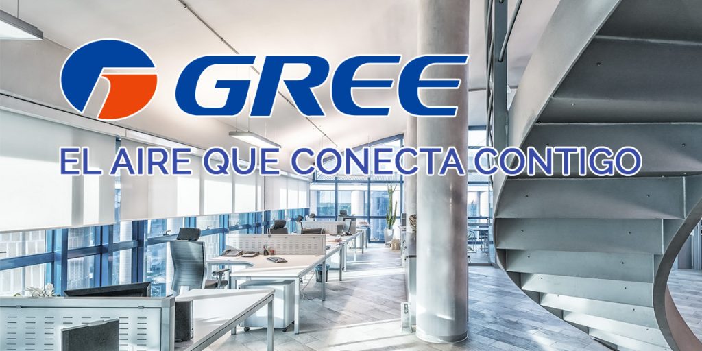 Muestra el logotipo de GREE y su eslogan. En el fondo se aprecia una oficina con diseño futurista