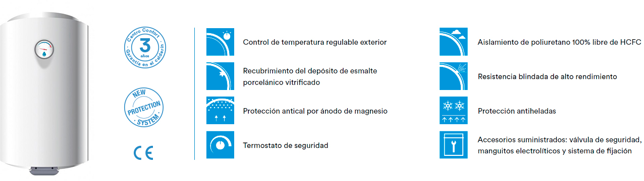 Principales Características Termos Centro Confort gama Mediterráneo