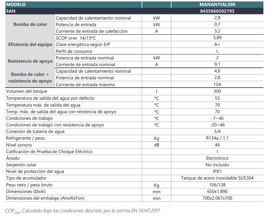 Ficha Técnica Johnson MANANTIAL 300 bomba de calor ACS